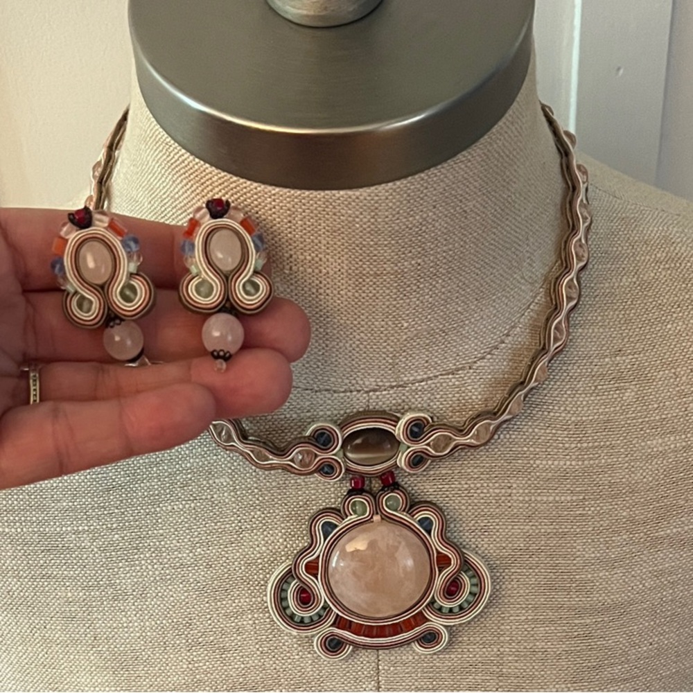 Artisan Multicolor and Rose Quartz Necklace and Earring Set